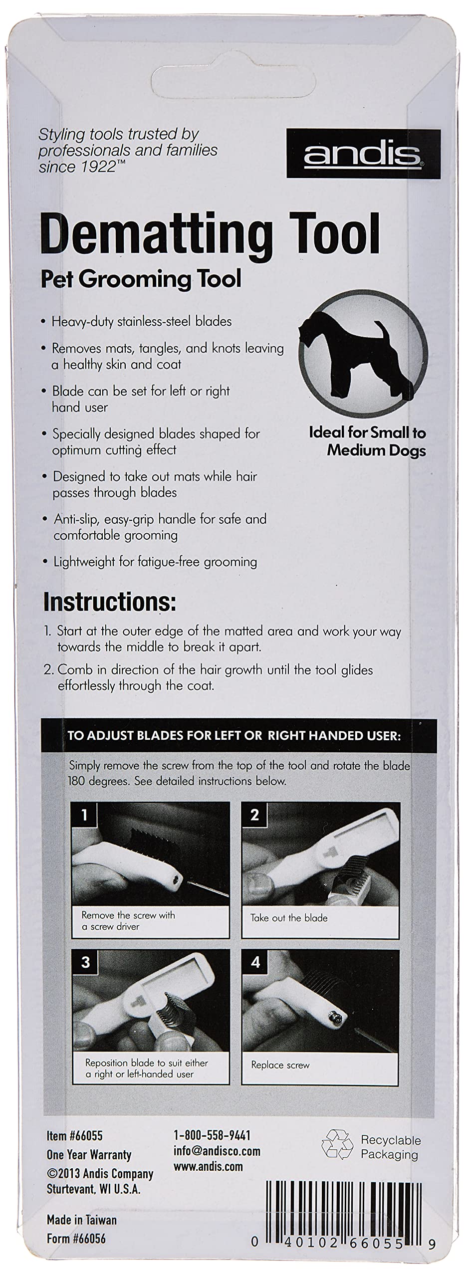Andis 66055 dematting tool closeup on undercoat removal benefits