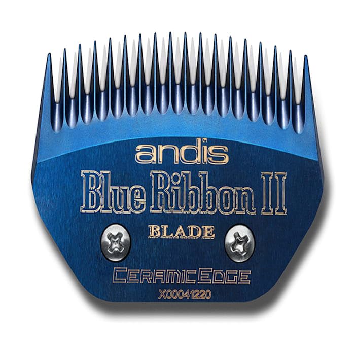 Andis Blue Ribbon II blocking blade in busy grooming session delivering clean blocking strokes.