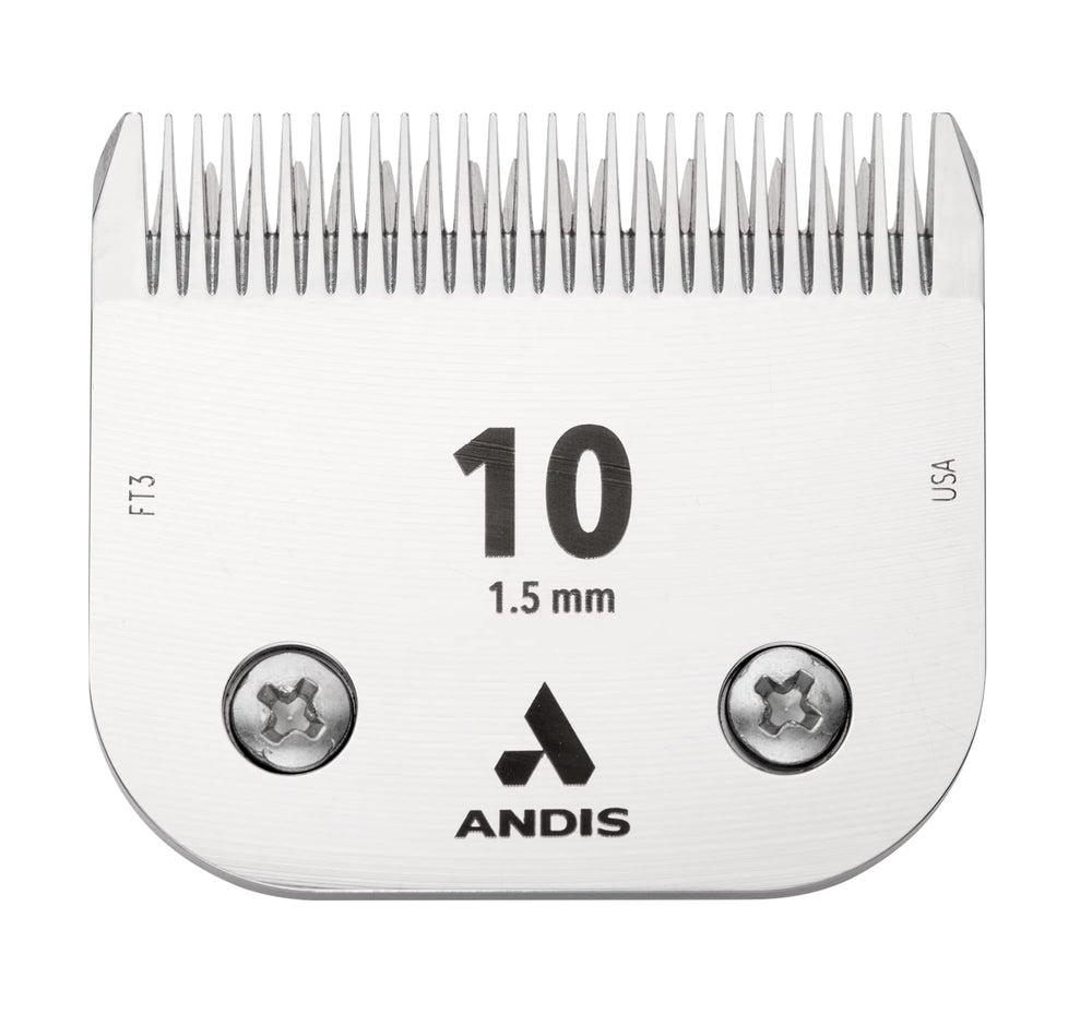 Andis Ceramic Edge blade closeup, size 10, precise trimming for paws, face, and tail.