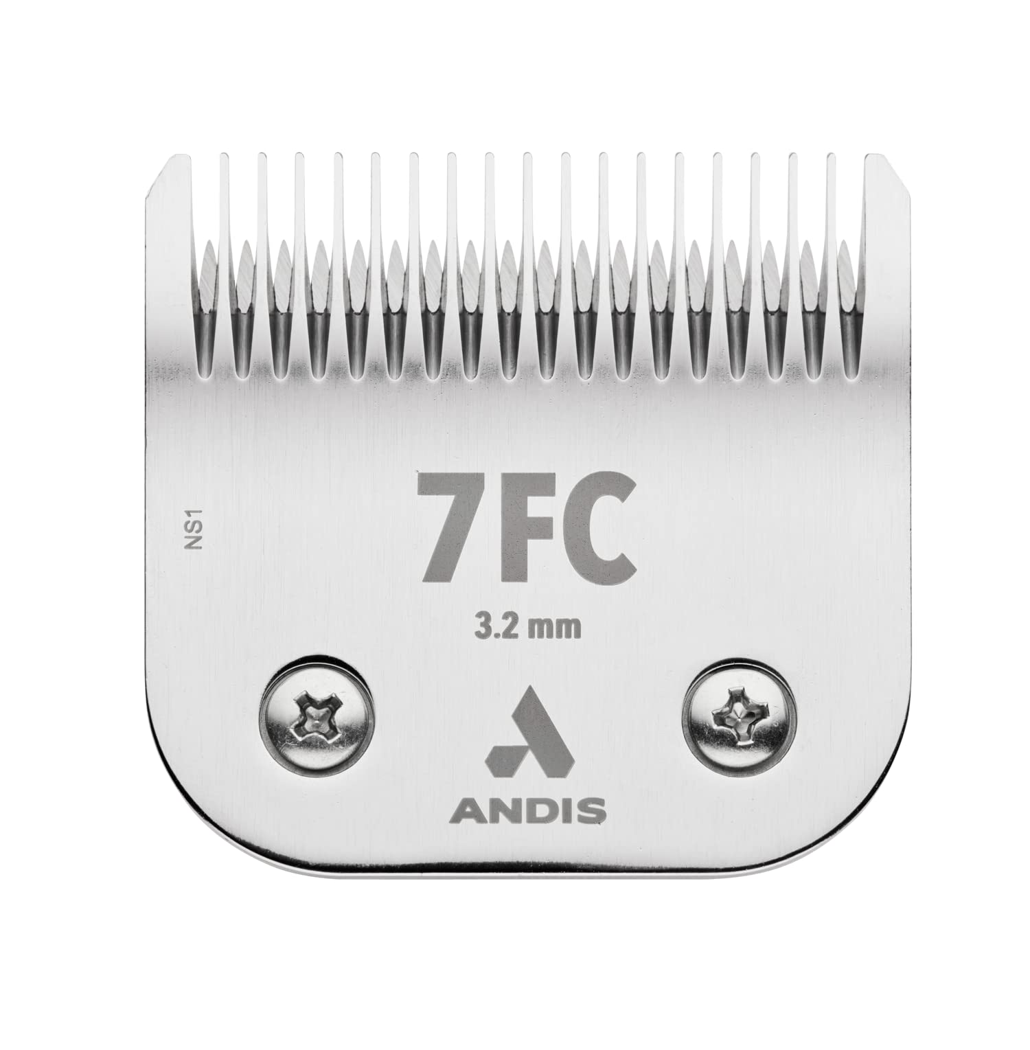 Andis UltraEdge 7FC blade close-up showing long-lasting sharpness and chrome rust resistance.