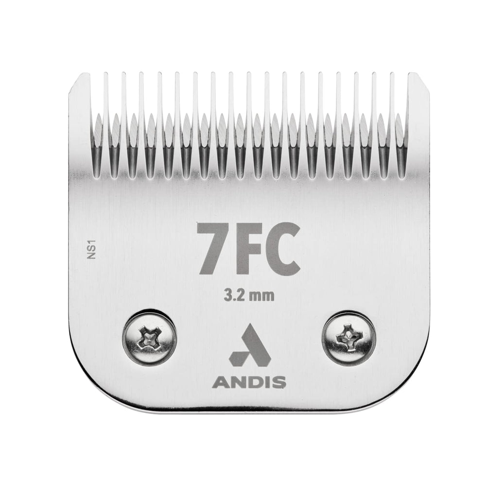 Andis UltraEdge 7FC blade close-up showing long-lasting sharpness and chrome rust resistance.