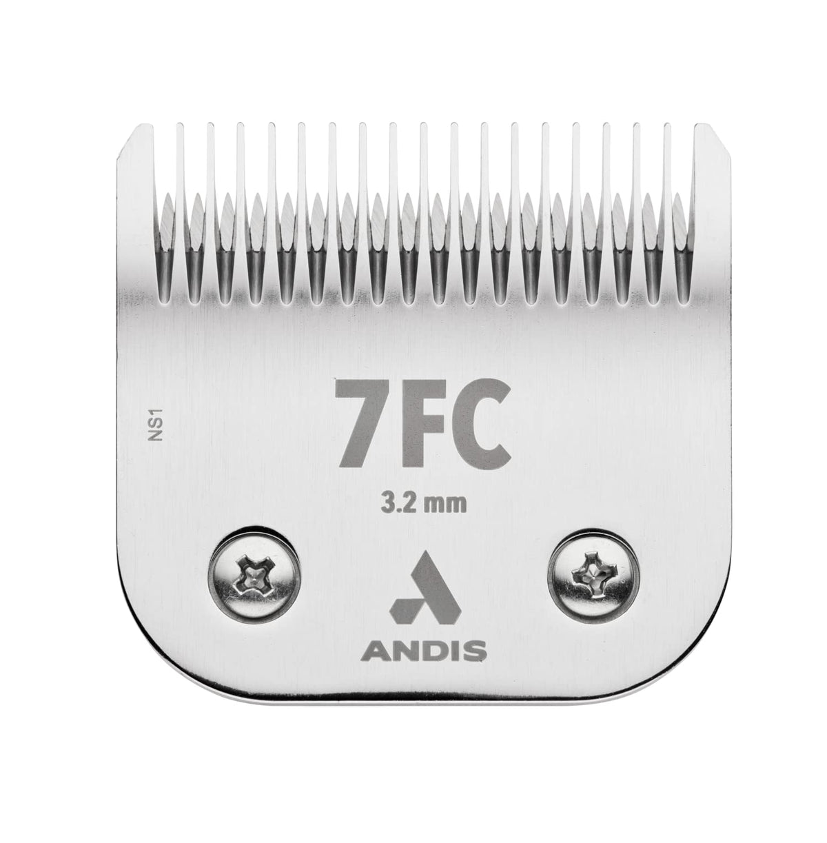 Andis UltraEdge 7FC blade close-up showing long-lasting sharpness and chrome rust resistance.