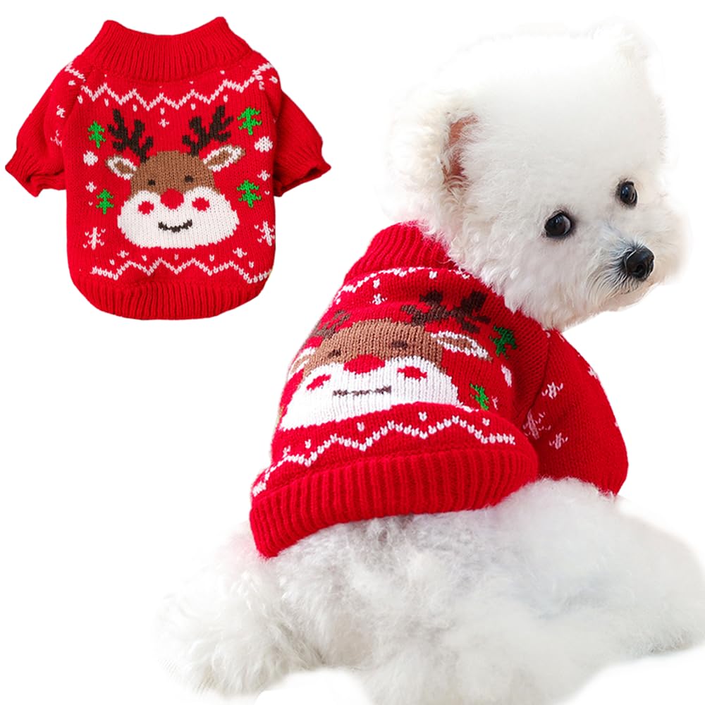 Anelekor Christmas dog outfit red sweater on small dog for warm holiday wear