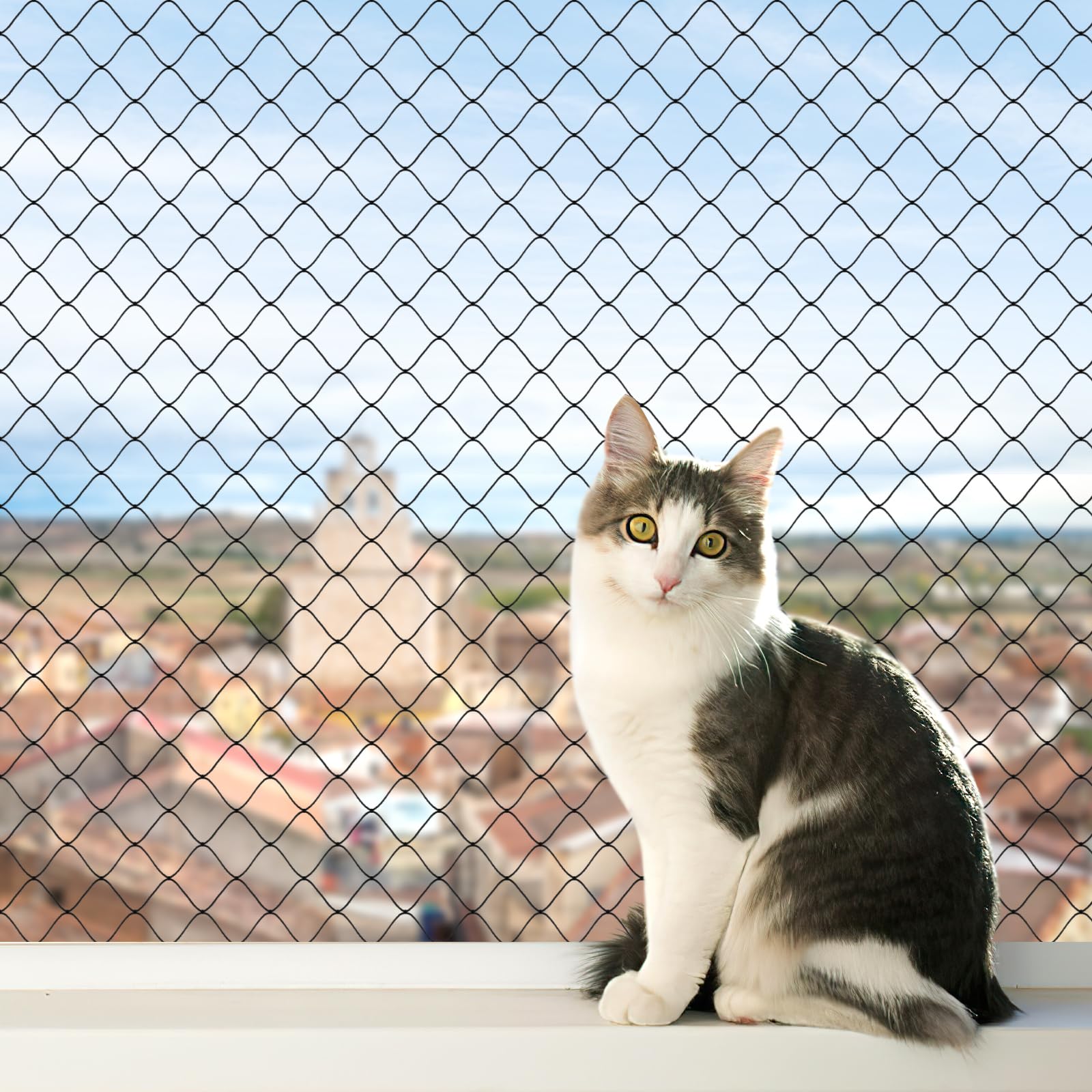 AnExer cat balcony net 10x26ft close-up shows durable nylon for pet safety.