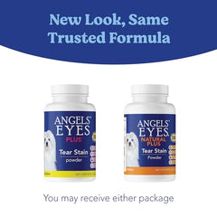ANGELS' EYES Natural Plus chicken-flavor powder on a dog's nose for daily use.
