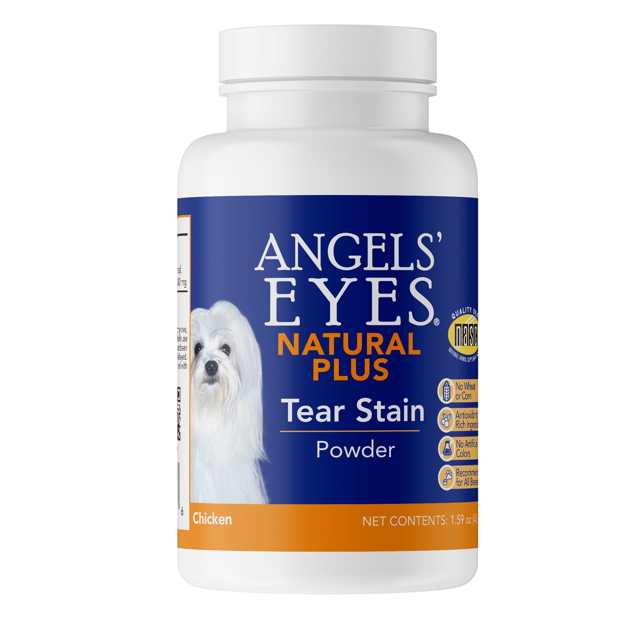 ANGELS' EYES Natural Plus tear stain powder bottle closeup for a brighter eye area.