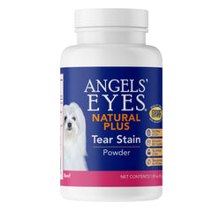 ANGELS' EYES Natural Plus tear stain powder jar reduces tear staining and brightens fur.