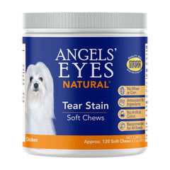 ANGELS' EYES Natural tear stain chews bottle shows a dog-friendly supplement for tear-stain management.