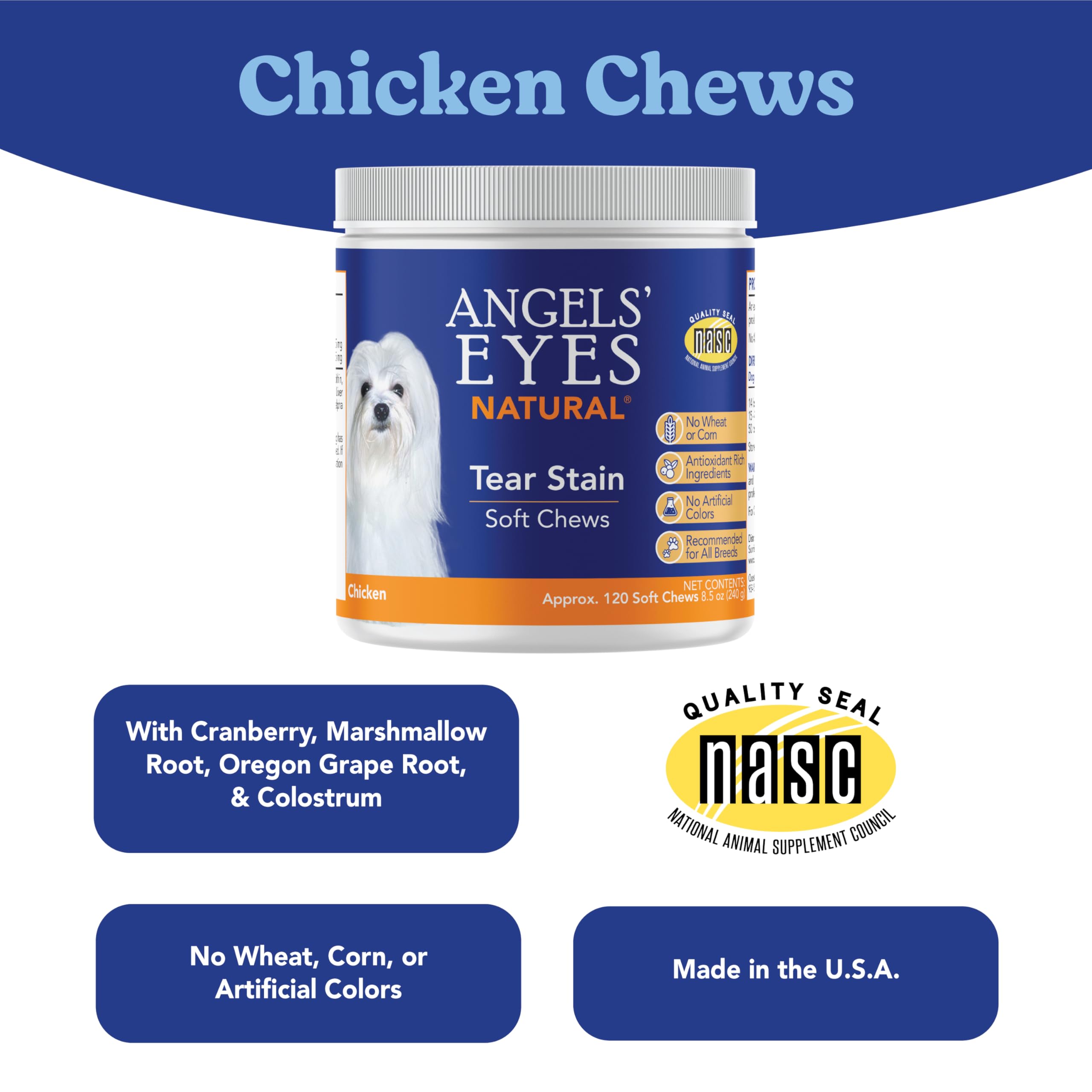 ANGELS' EYES Natural tear-stain chews packaging showing NASC-certified seal and USA-made claim.