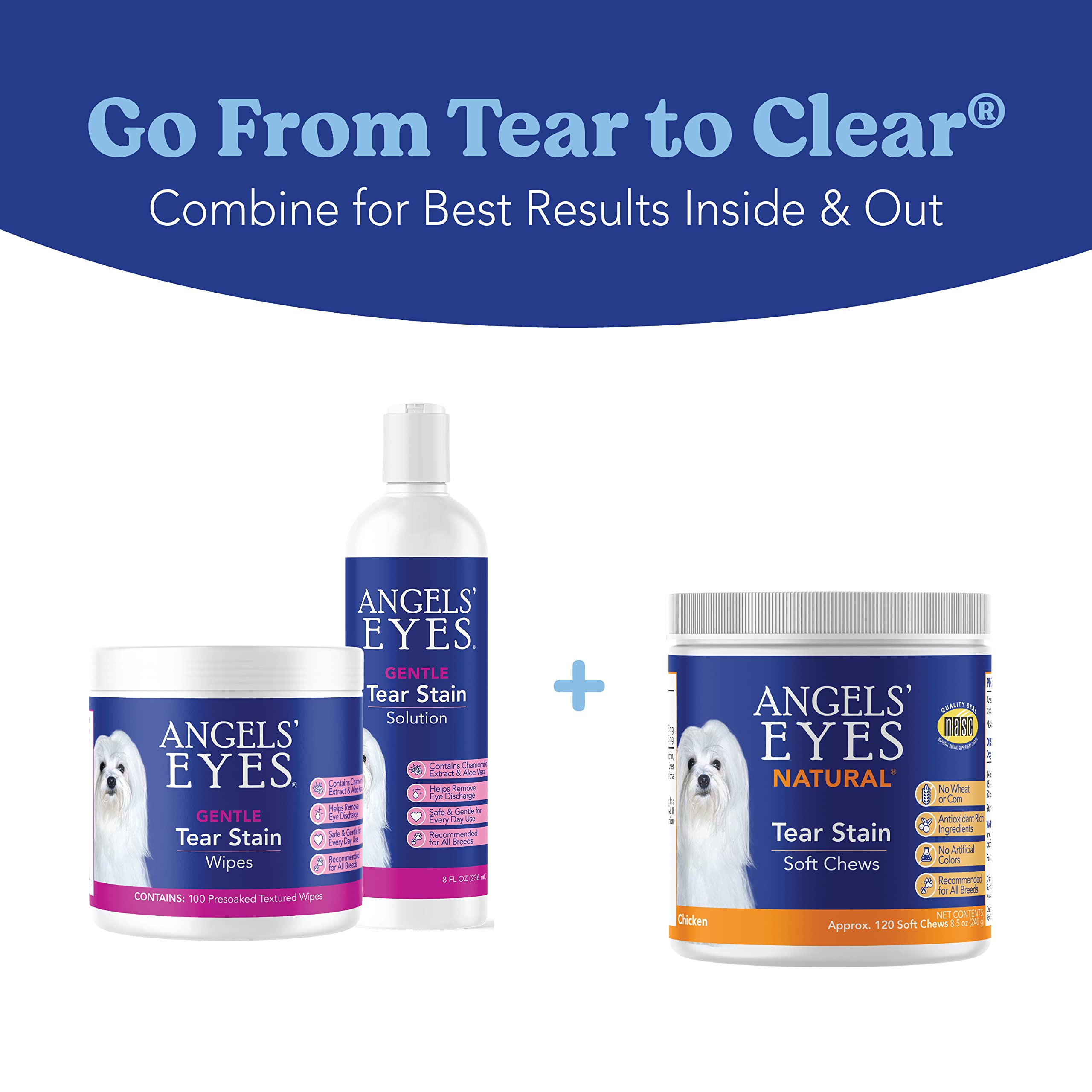 ANGELS' EYES Natural tear-stain chews shown as USA-made product for pet safety and quality.