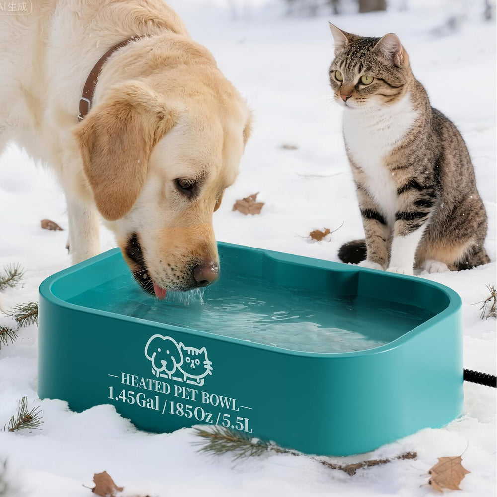 Angelspet 1.45 gallon heated water bowl outdoors keeps dogs and cats hydrated in winter.