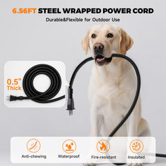 Angelspet thermostat controlled heating element keeps water warm for pets.