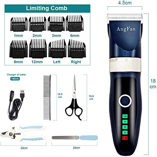 ANGFAN dog grooming kit contents displayed for at-home grooming.