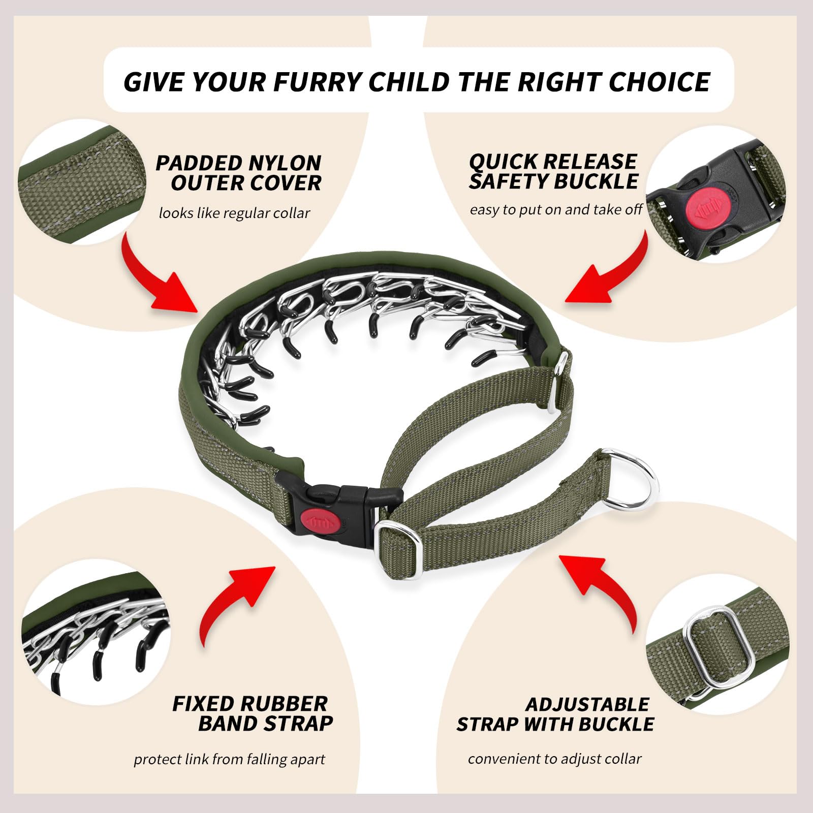 Anglevate Martingale collar Army Green reflective strips improve visibility during evening walks