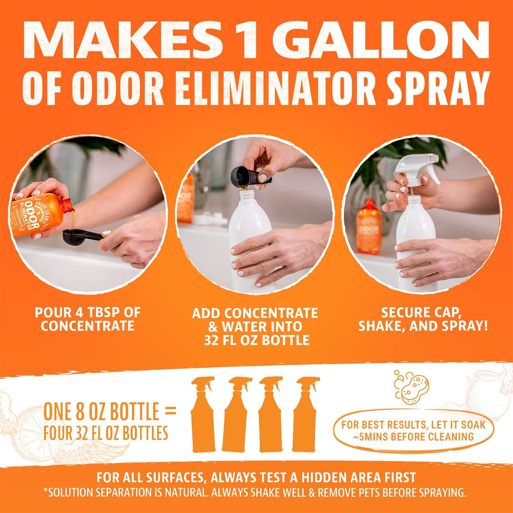 Angry Orange odor eliminator spray nozzle shown for easy spot treatment