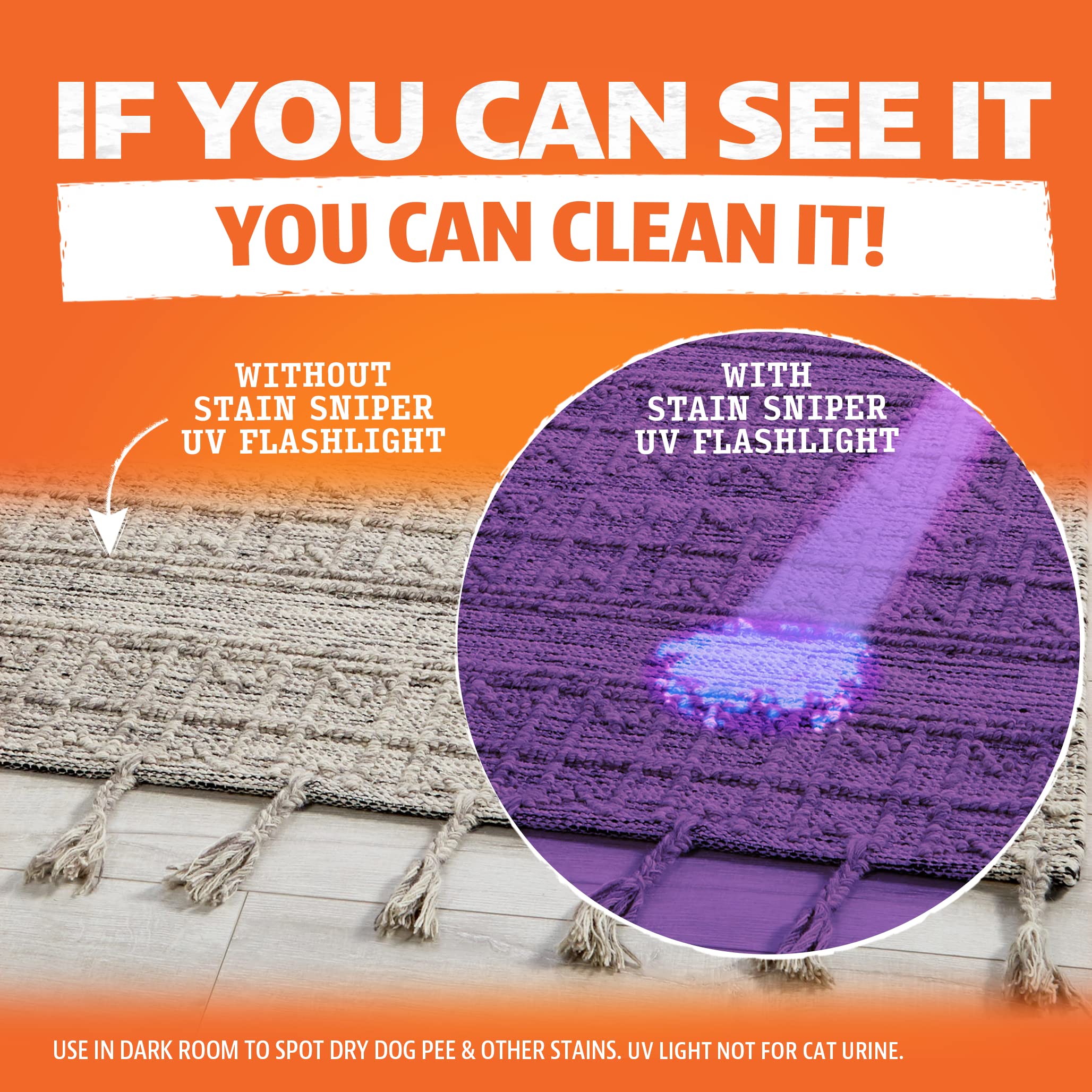 ANGRY ORANGE UV flashlight blacklight demonstrates locating hidden pet urine stains