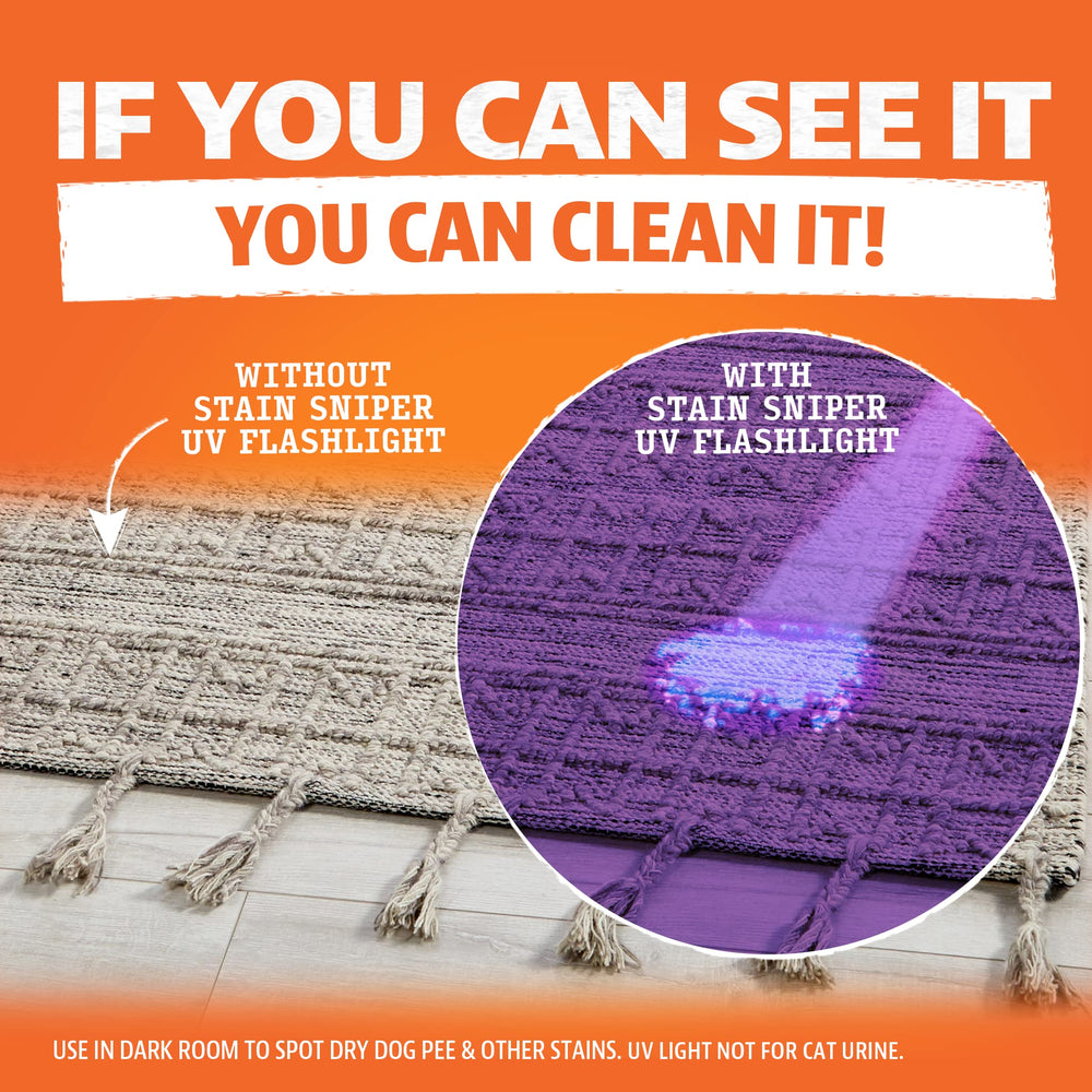 ANGRY ORANGE UV flashlight blacklight demonstrates locating hidden pet urine stains