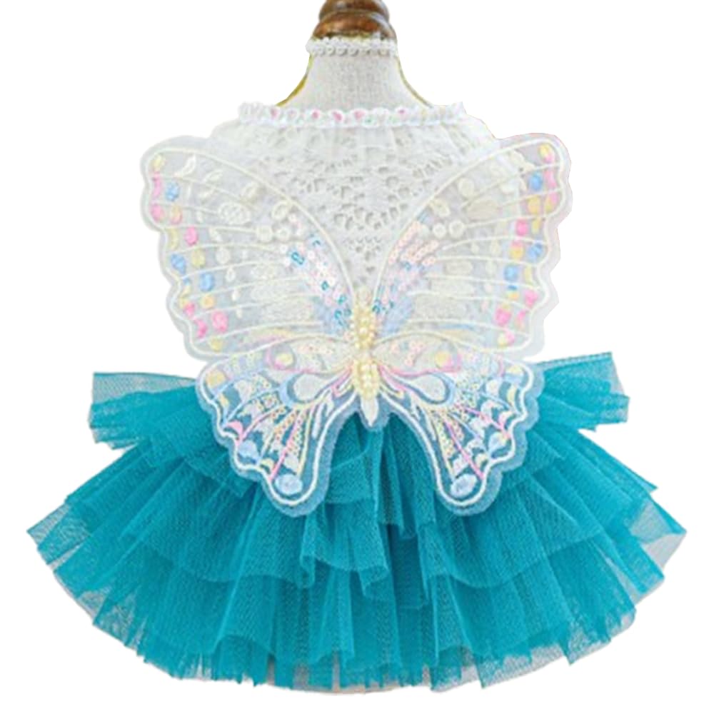 ANIAC butterfly dog dress with blue tutu offers comfortable all-day wear for small dogs