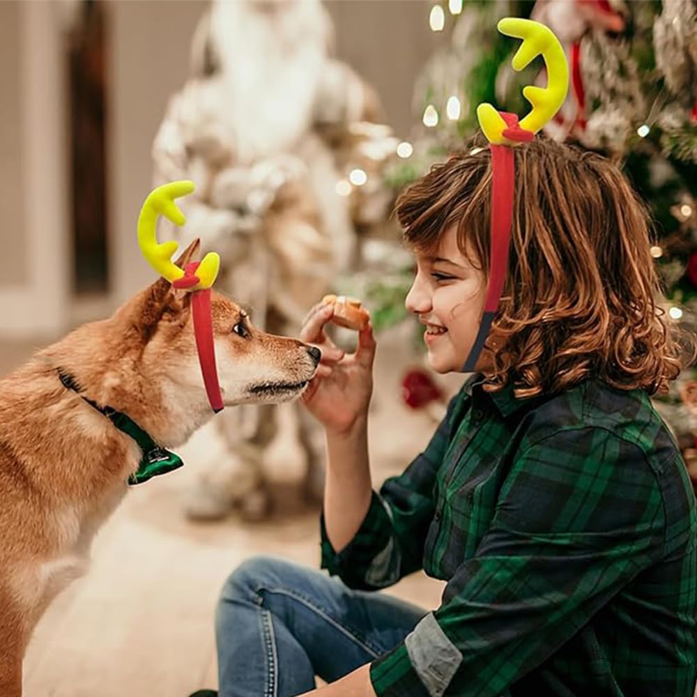 ANIAC dog antlers headband in yellow, on-dog view with adjustable strap