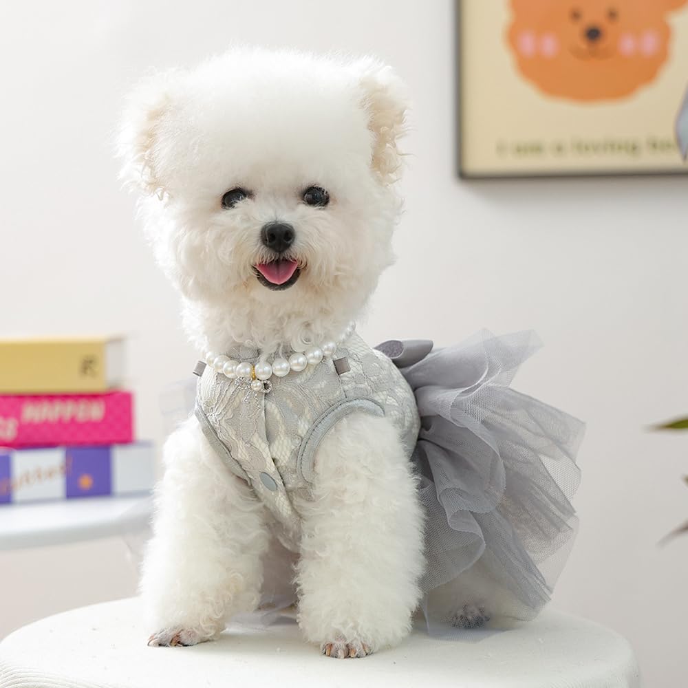 ANIAC gray dog dress with detachable pearl necklace for formal or casual looks.