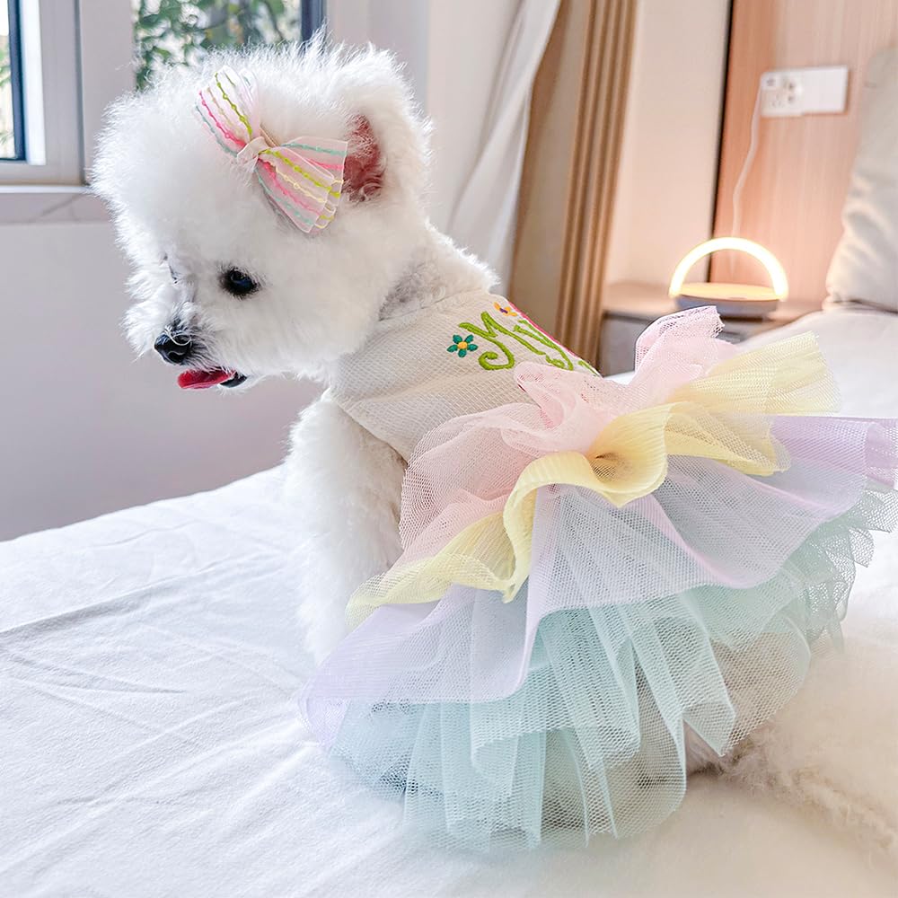 ANIAC Happy 1st Easter dress on pet; snug fit with soft fabric.