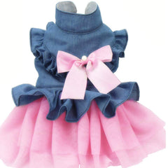 ANIAC vestido denim para mascotas con lazo rosado, perfecto para salidas diarias y paseos
