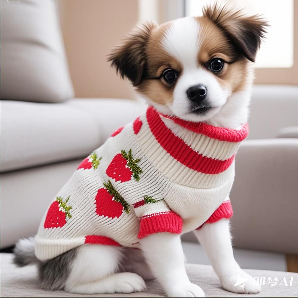 ANIAC XS size model wearing strawberry sweater demonstrates precise neck and chest fit.