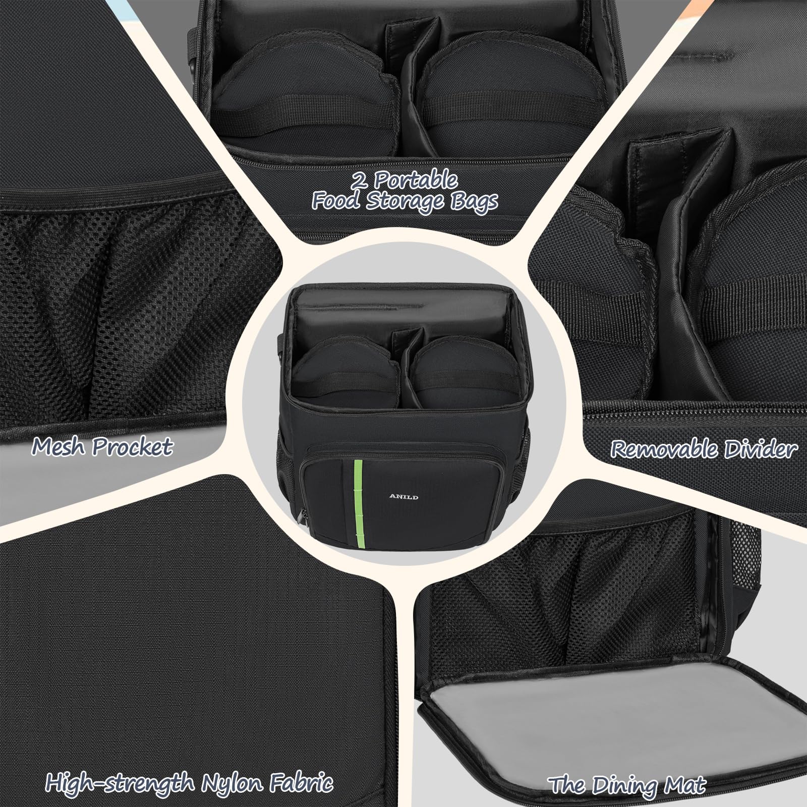 ANILD ergonomic textured strap and breathable back panel for comfortable carrying.