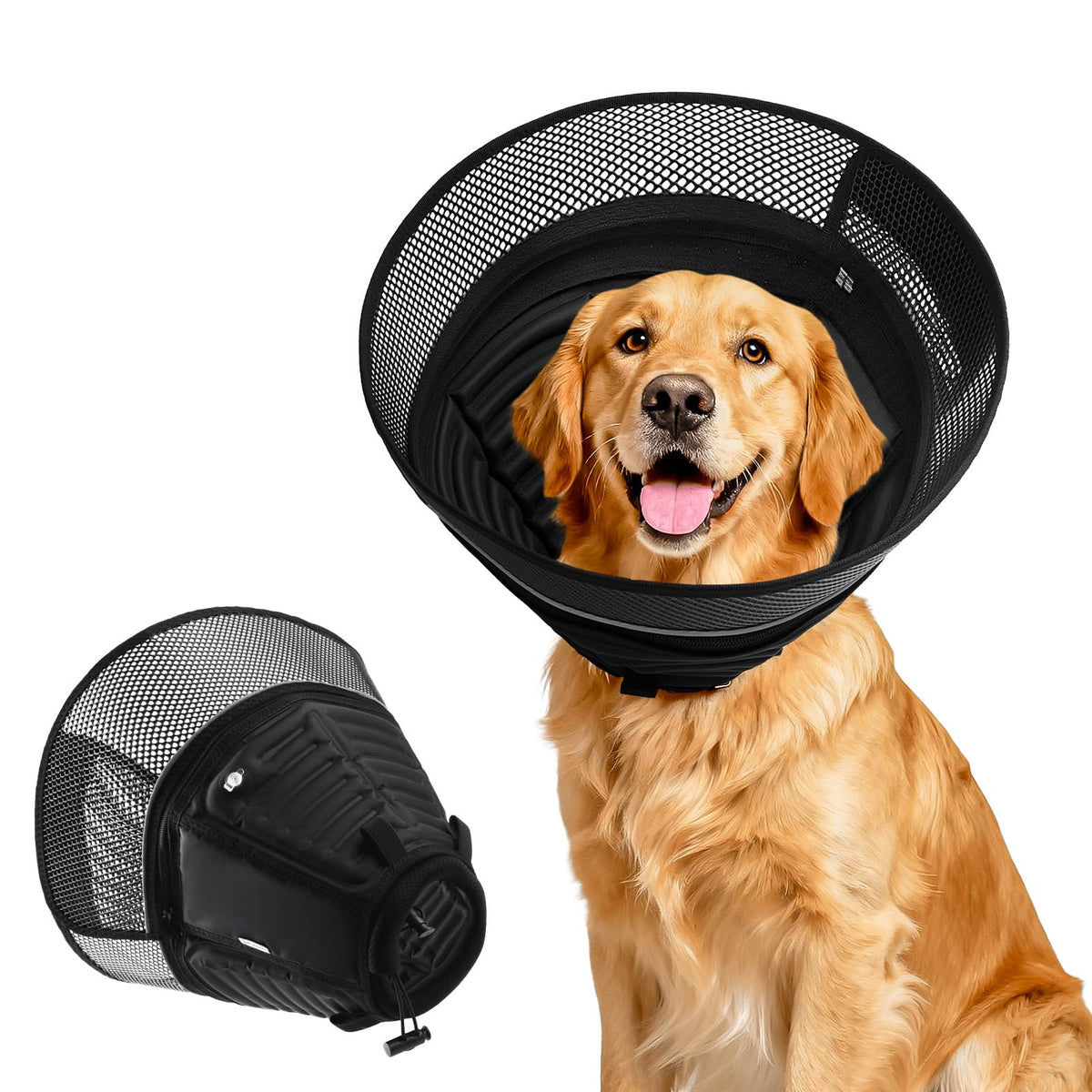 AnimaCure inflatable dog cone outer view highlights comprehensive wound protection during recovery.