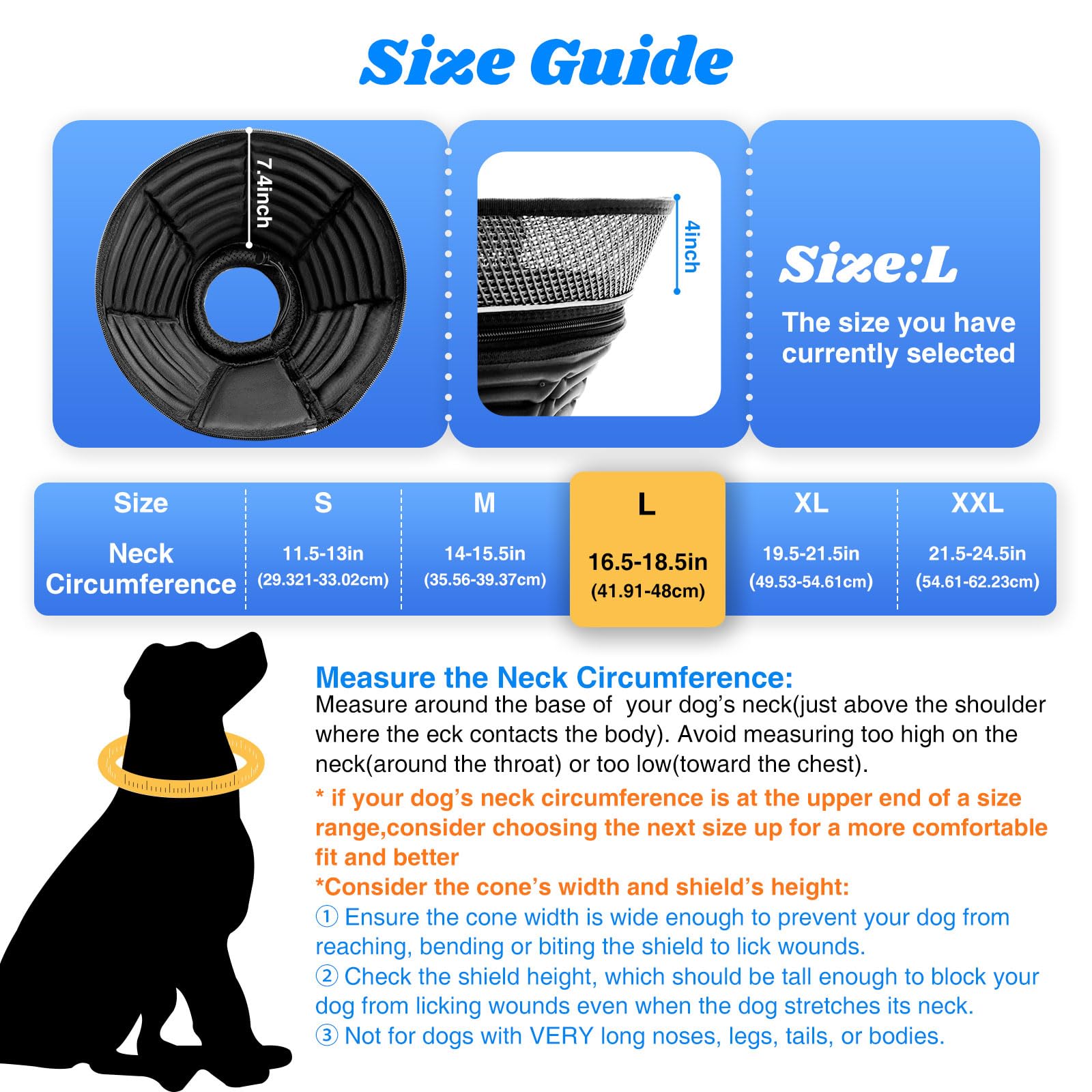 AnimaCure inflatable dog cone side profile emphasizes comfortable fit with wider vision.