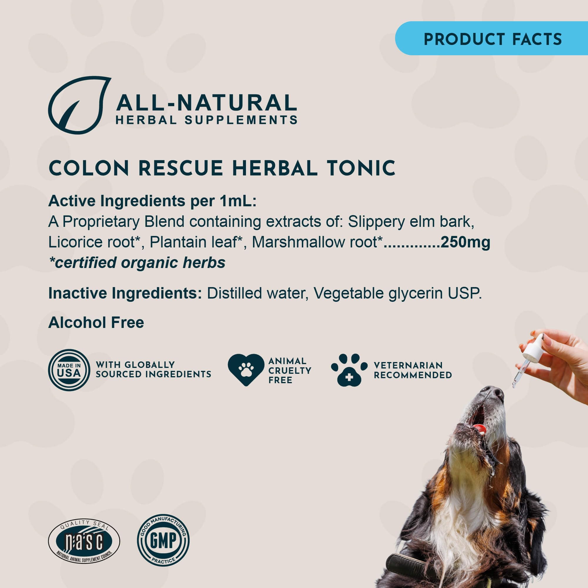 Animal Essentials Colon Rescue label highlights Slippery Elm and Marshmallow Root.