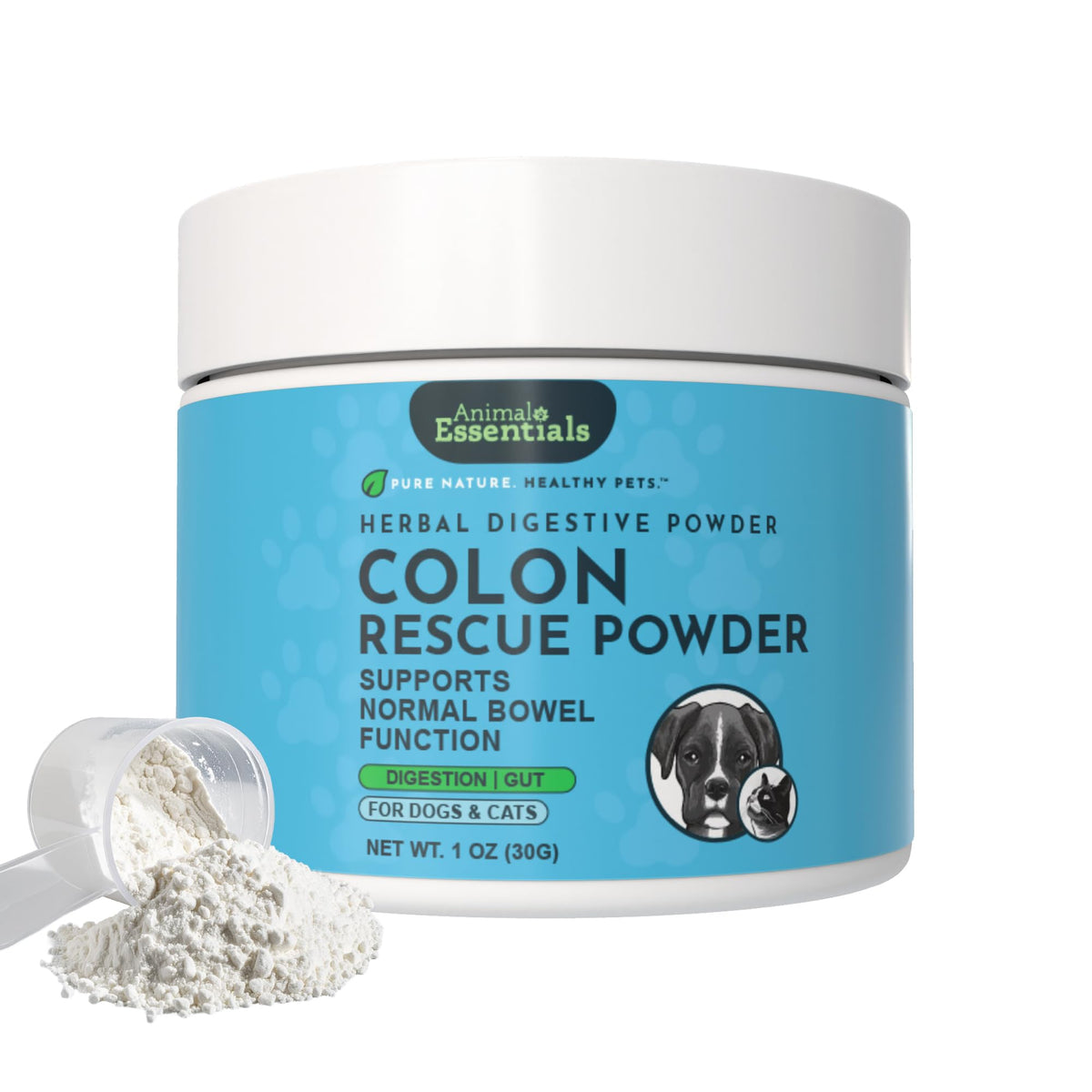 Animal Essentials Colon Rescue Powder bottle showing organic herbal GI support for pets