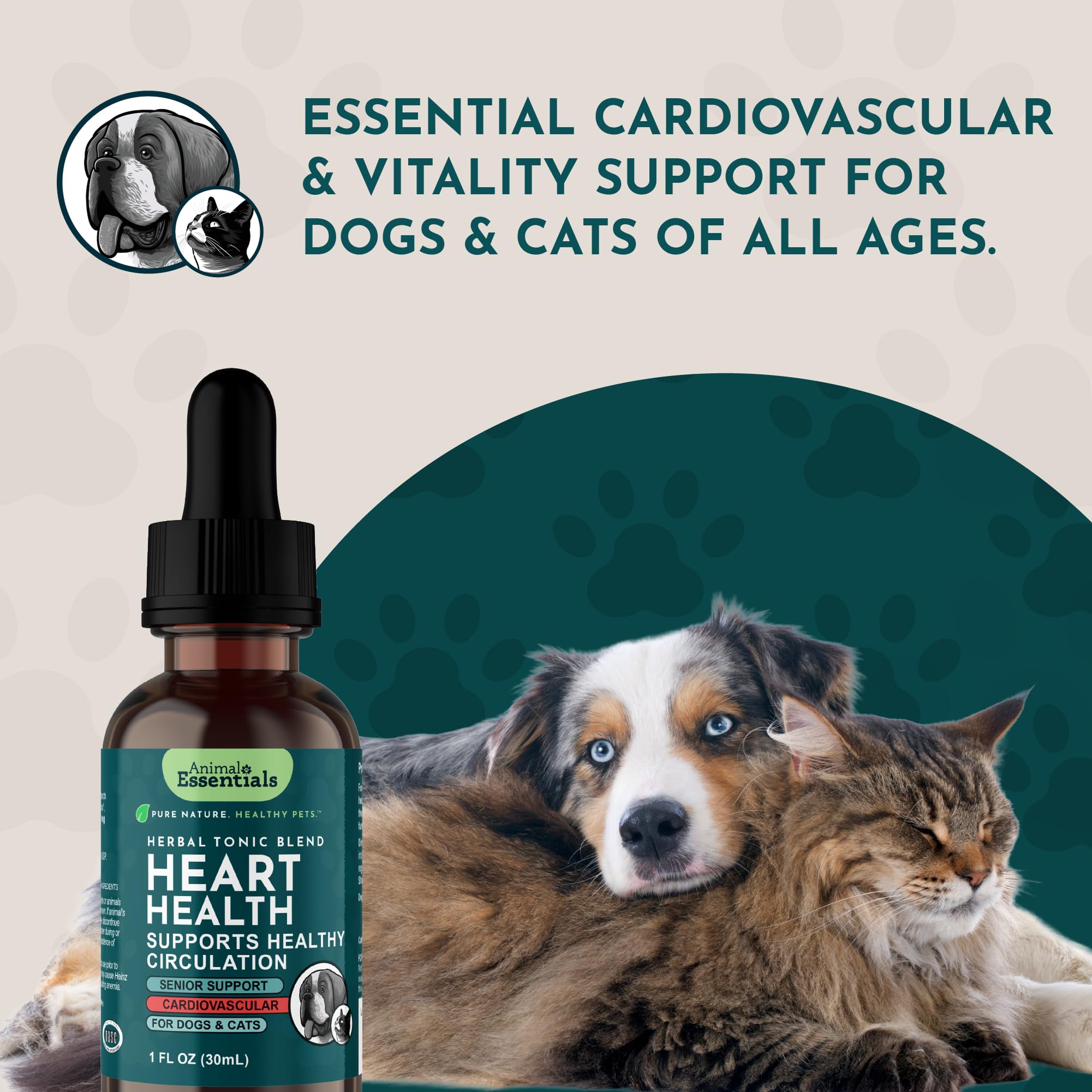 Animal Essentials Heart Health packaging suggests versatile mixing with meals.