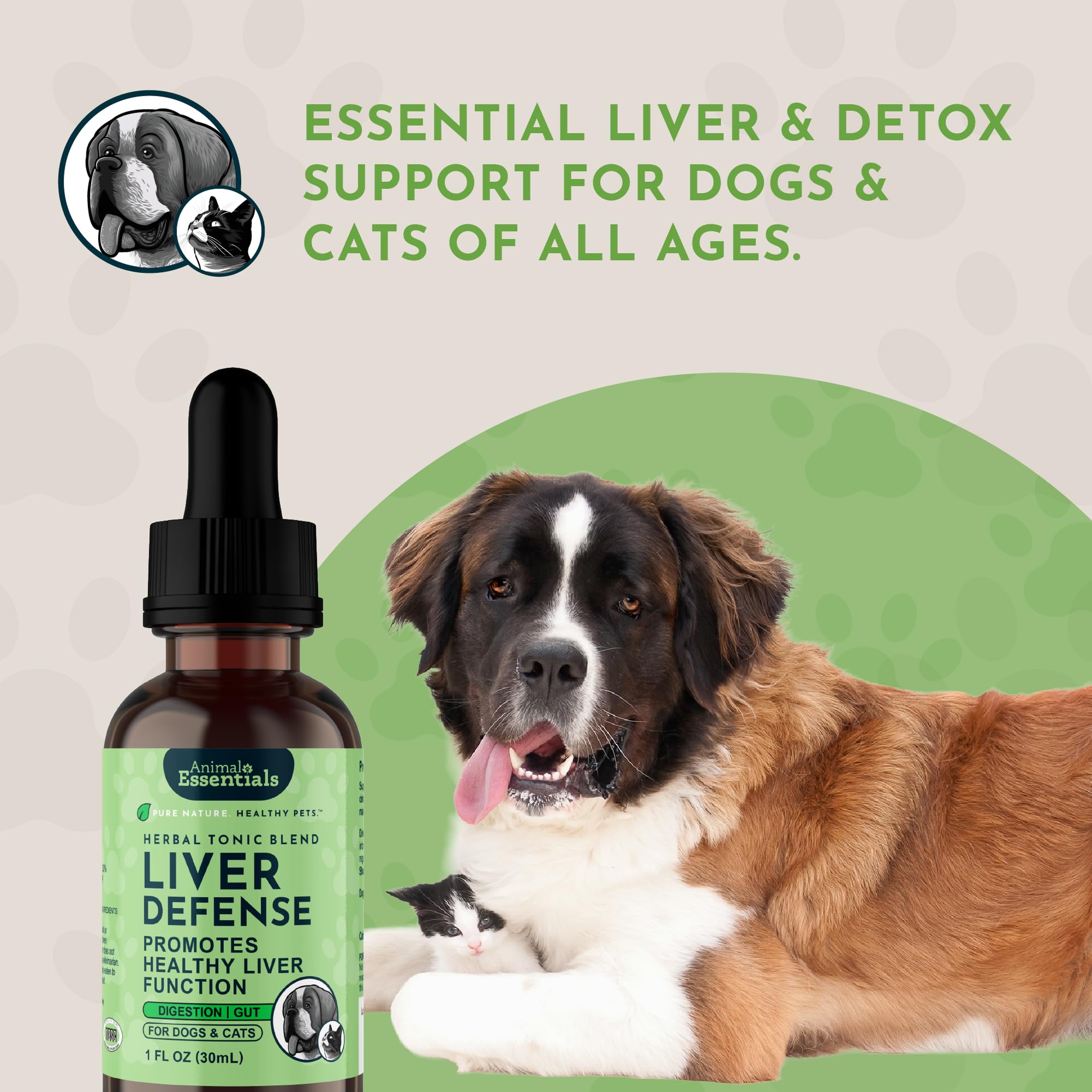 Recyclable bottle packaging for Animal Essentials Liver Defense liver support