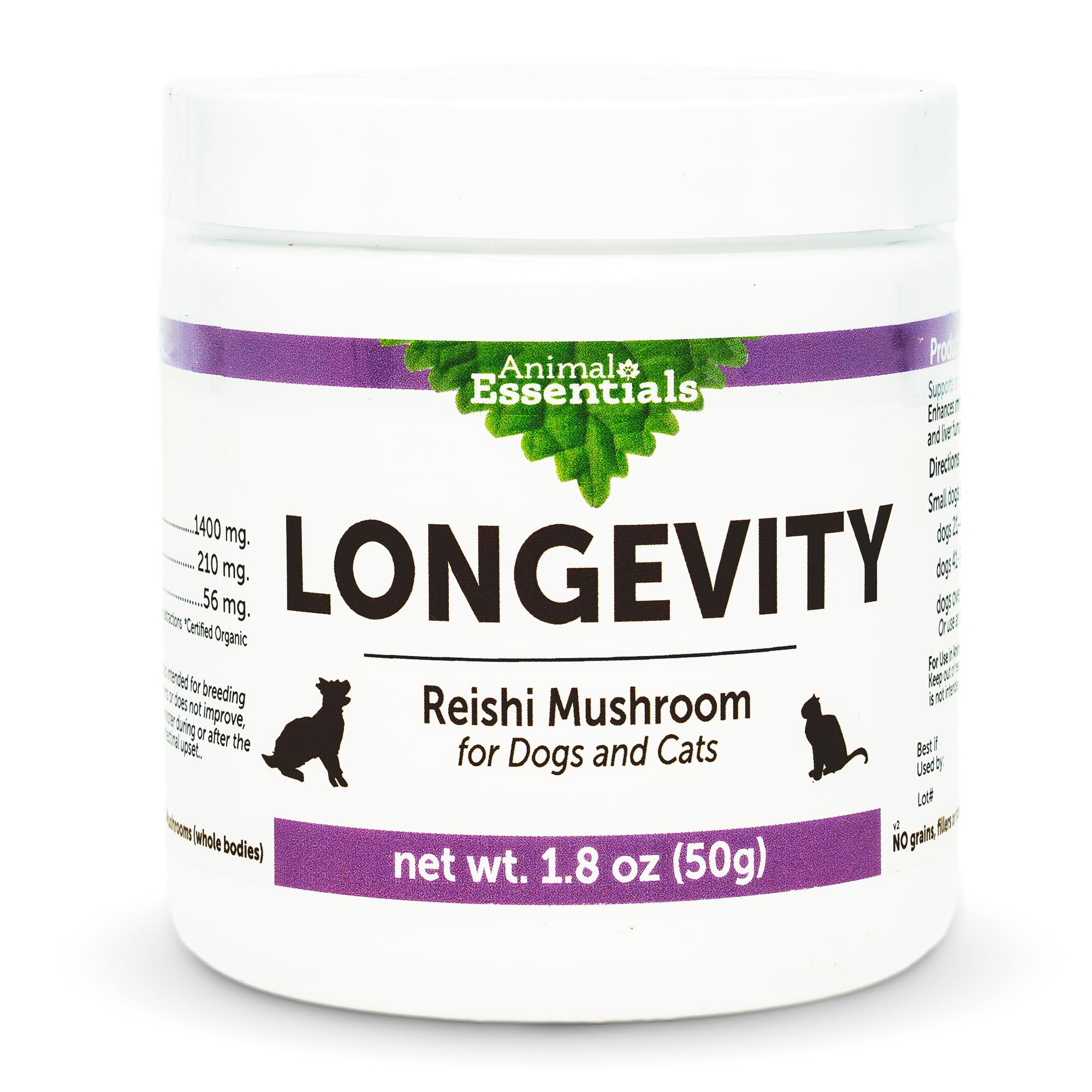 Animal Essentials LONGEVITY Reishi bottle shows convenient daily immune support for pets