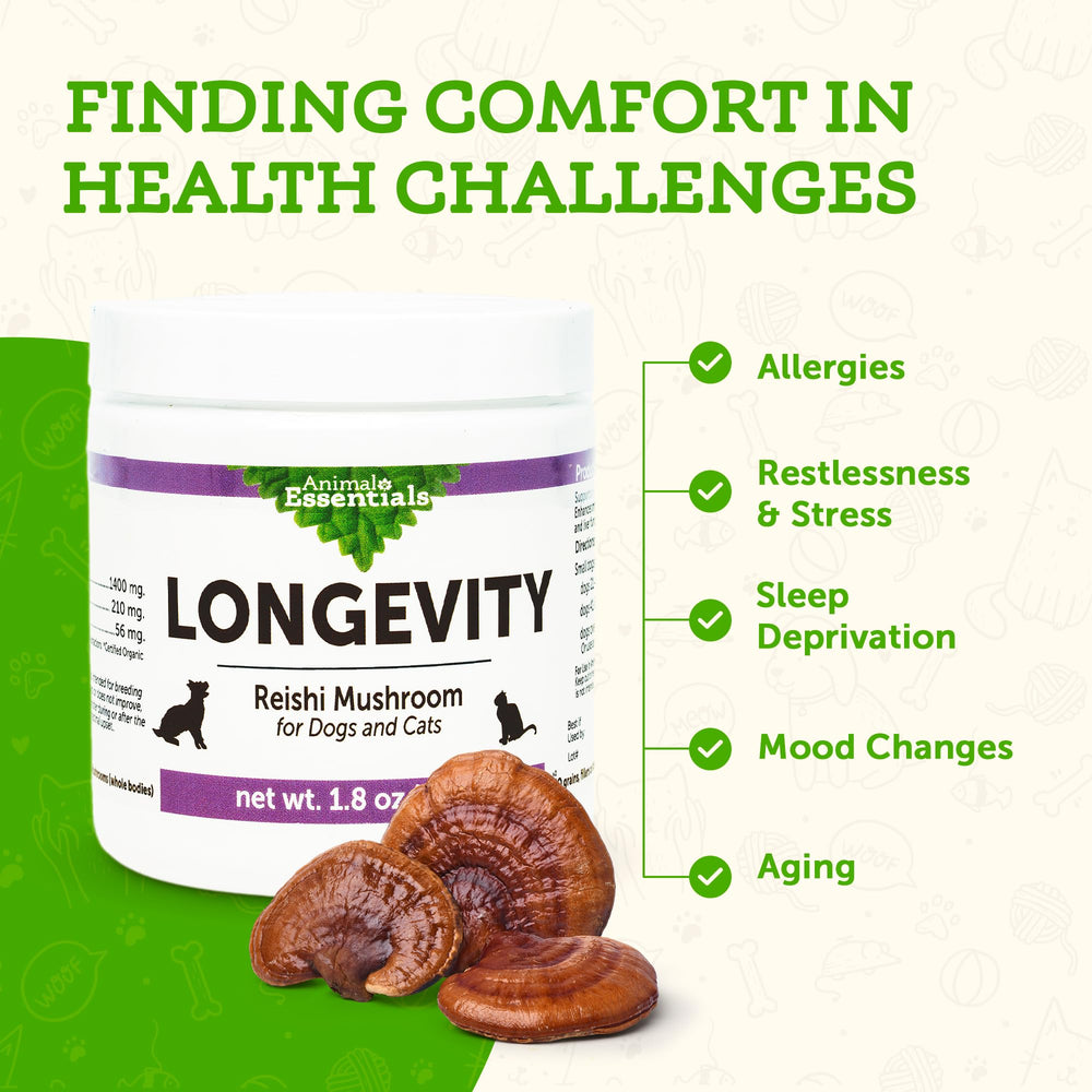 Animal Essentials LONGEVITY Reishi cat serving suggests gentle daily wellness support