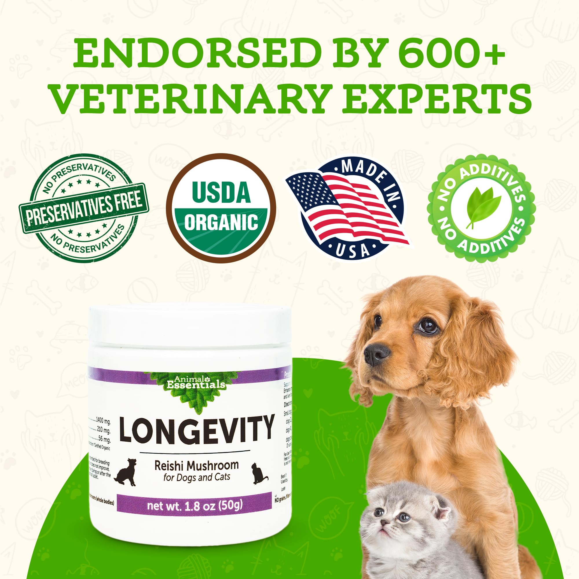 Animal Essentials LONGEVITY Reishi label packaging signals organic ingredients for health