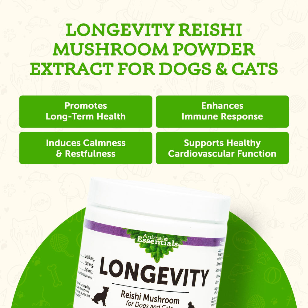 Animal Essentials LONGEVITY Reishi powder-dispense highlights easy dosing for pet meals