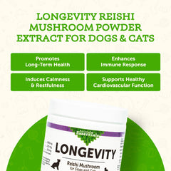 Animal Essentials LONGEVITY Reishi powder-dispense highlights easy dosing for pet meals