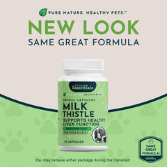 Animal Essentials Milk Thistle capsules closeup highlights convenient herbal liver support.