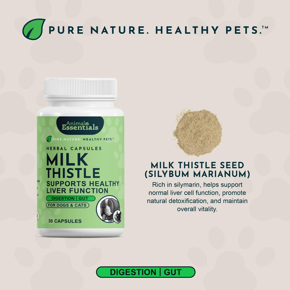 Animal Essentials Milk Thistle organic herbs image highlights certified organic ingredients for pets.