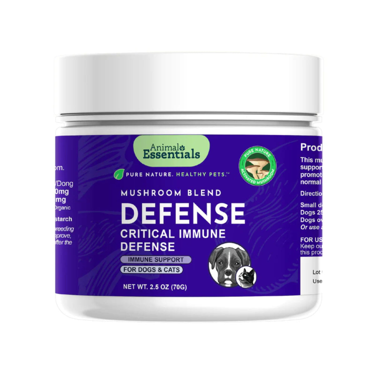 Animal Essentials Mushroom Defense powder bottle for easy daily immune support in pets.