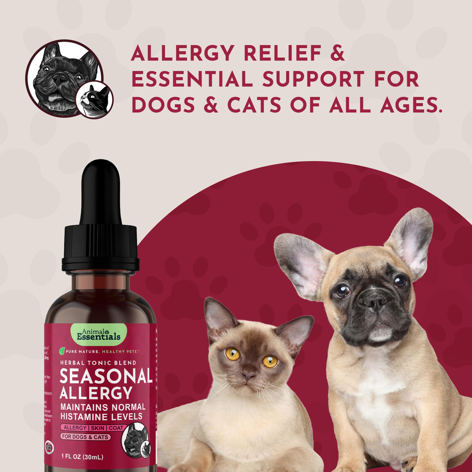 Animal Essentials sensitive-skin support scene suggests gentle herbal relief options.