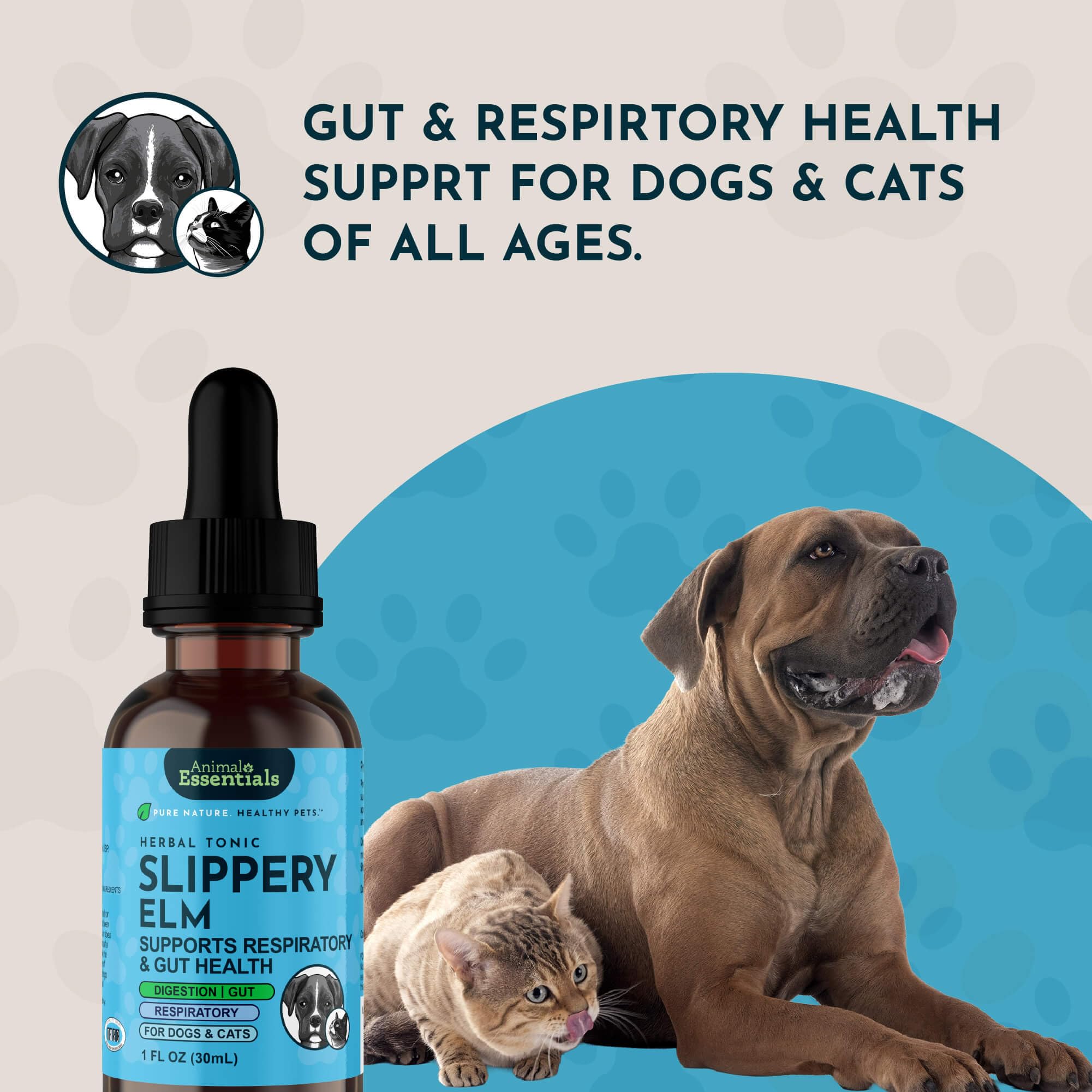 Animal Essentials Slippery Elm packaging emphasizes vet-recommended herbal support