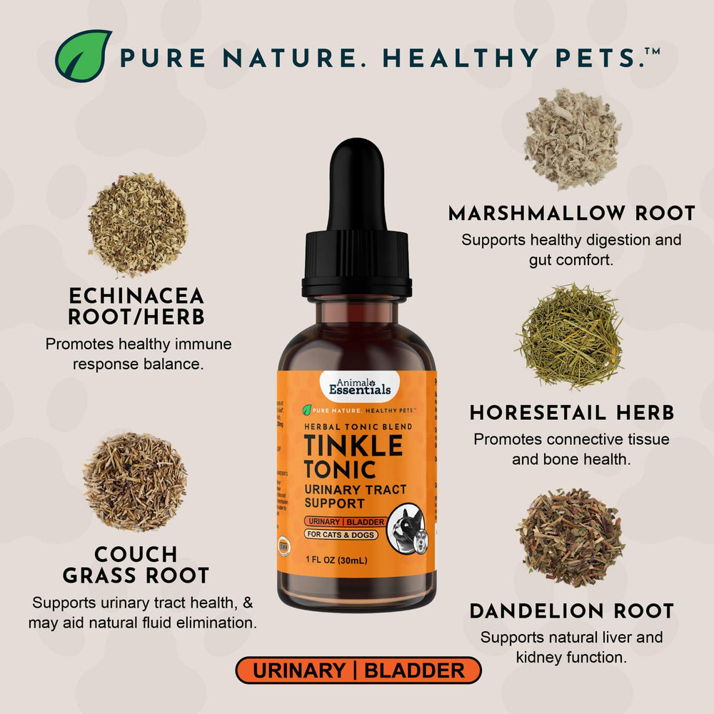 Animal Essentials Tinkle Tonic marshmallow root panel—gentle urinary support for pets.