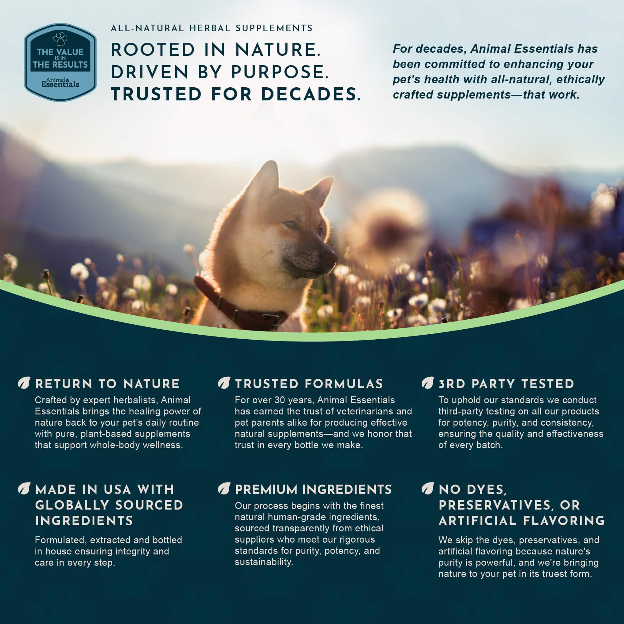 Animal Essentials Tinkle Tonic natural-ingredients label—organic herbs for pets.