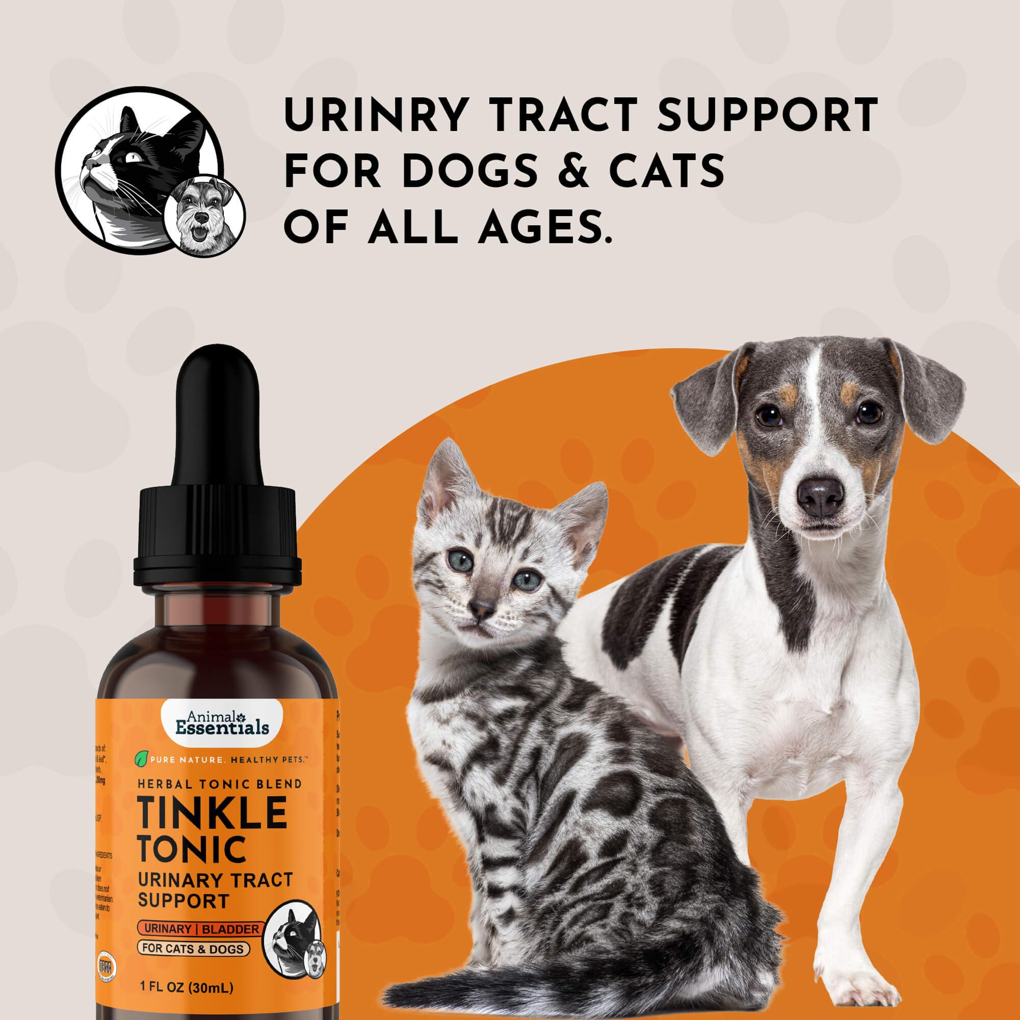 Animal Essentials Tinkle Tonic organic herbs packaging underscores natural ingredients