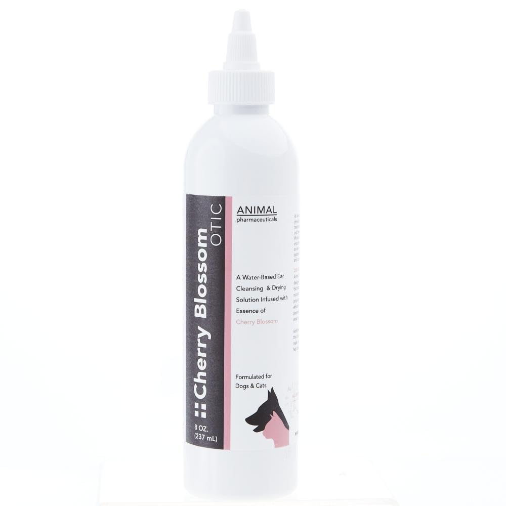 Animal Pharmaceuticals Cherry Blossom Otic 8oz bottle demonstrates gentle ear cleaning and deodorizing for itchy ears.