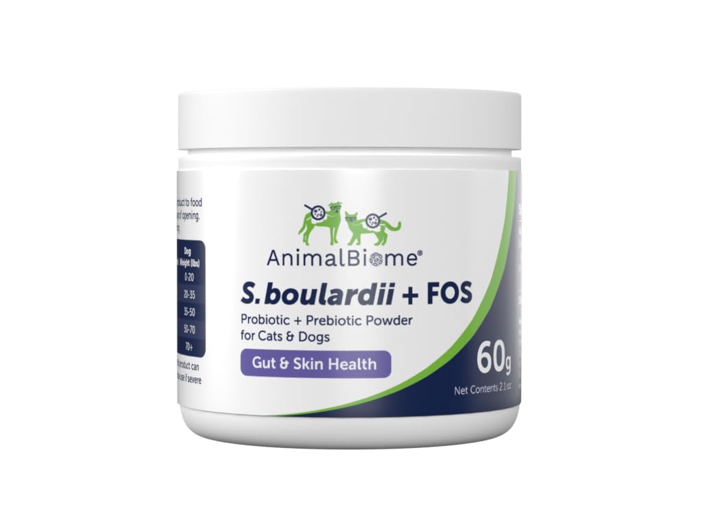 AnimalBiome Pet Probiotics bottle showing S. boulardii and FOS for gut balance