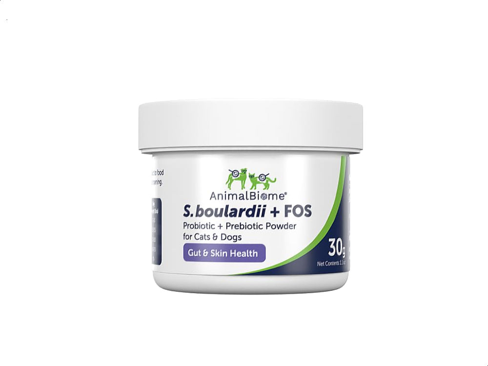 AnimalBiome S boulardii + FOS bottle highlighting probiotic powder for gut health support.